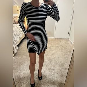 Black/White Striped Long Sleeve Form Fitting Mini Dress